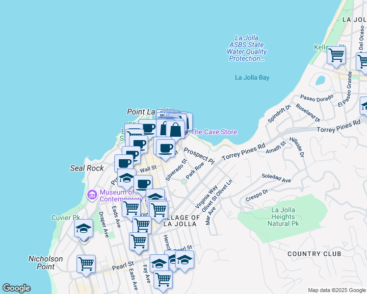 map of restaurants, bars, coffee shops, grocery stores, and more near 7985 Prospect Place in San Diego