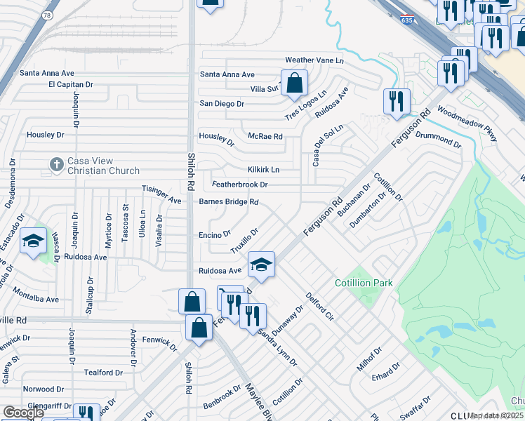 map of restaurants, bars, coffee shops, grocery stores, and more near 3226 Barnes Bridge Road in Dallas
