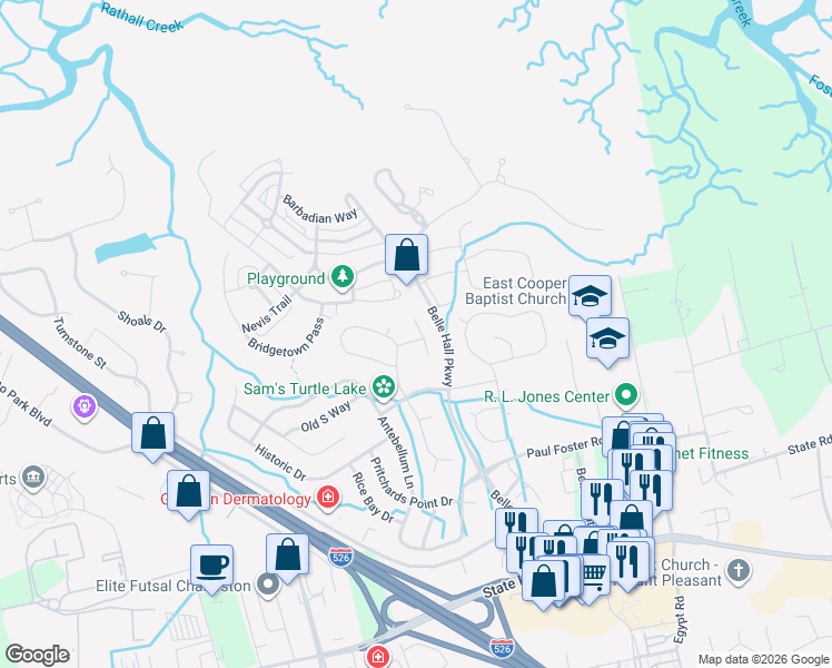 map of restaurants, bars, coffee shops, grocery stores, and more near 608 Julep Drive in Mount Pleasant