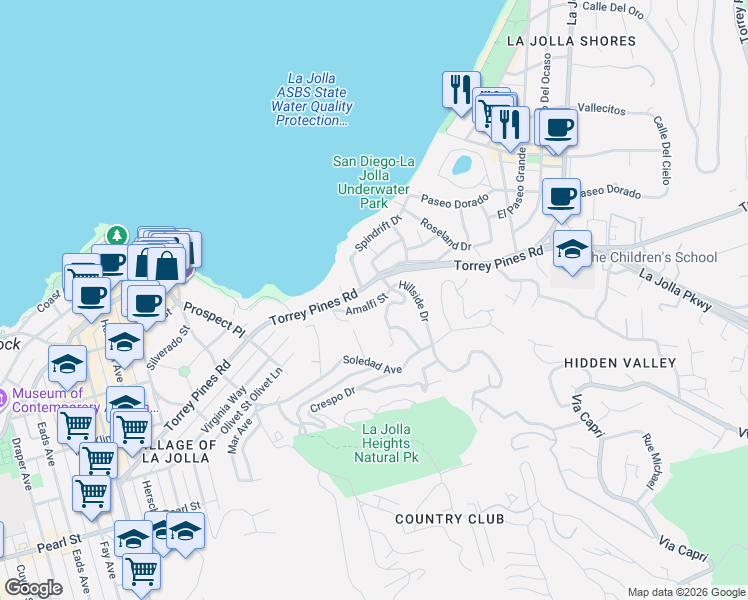 map of restaurants, bars, coffee shops, grocery stores, and more near 1744 Amalfi Street in San Diego