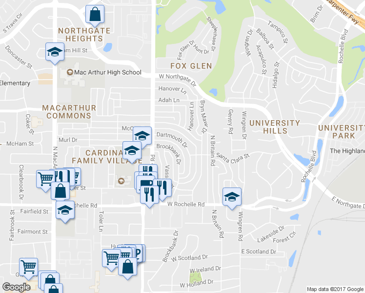 map of restaurants, bars, coffee shops, grocery stores, and more near 3307 Dartmouth Drive in Irving