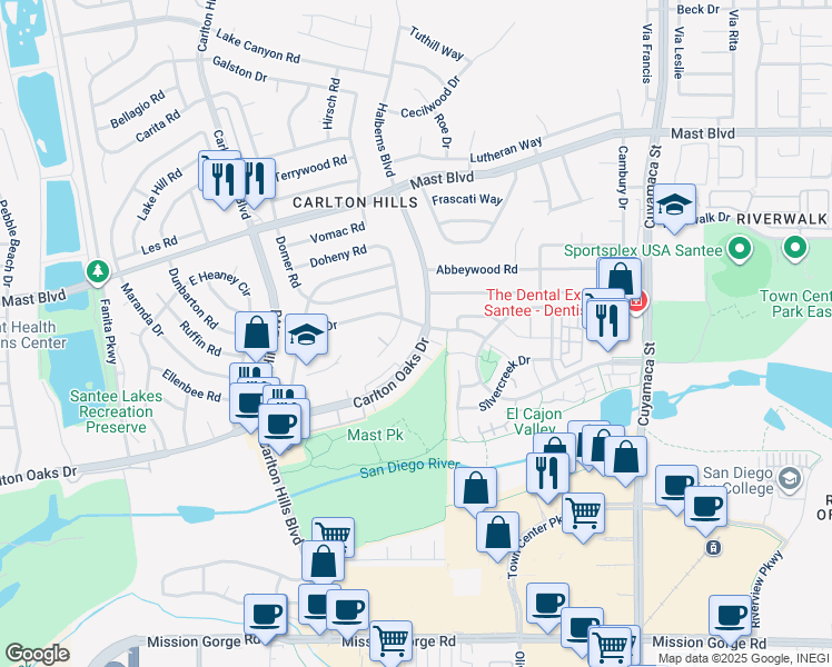 map of restaurants, bars, coffee shops, grocery stores, and more near 9468 Carlton Oaks Drive in Santee