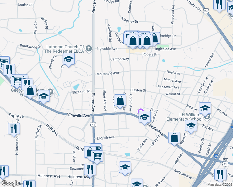 map of restaurants, bars, coffee shops, grocery stores, and more near 181 Buford Pl in Macon