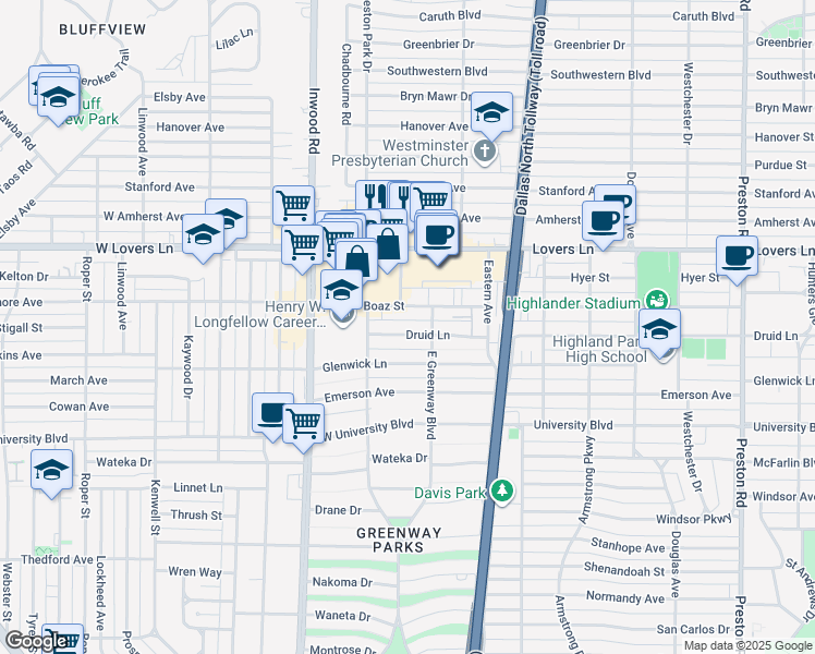 map of restaurants, bars, coffee shops, grocery stores, and more near 5437 Druid Ln in Dallas