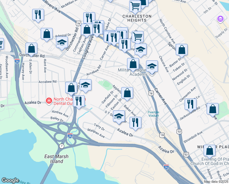 map of restaurants, bars, coffee shops, grocery stores, and more near 2149 Garfield Street in North Charleston