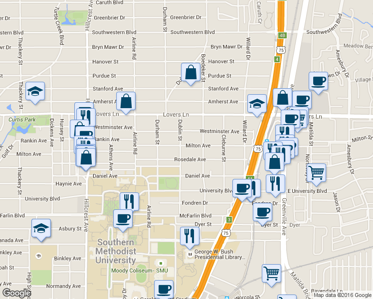 map of restaurants, bars, coffee shops, grocery stores, and more near 2933 Milton Avenue in Dallas