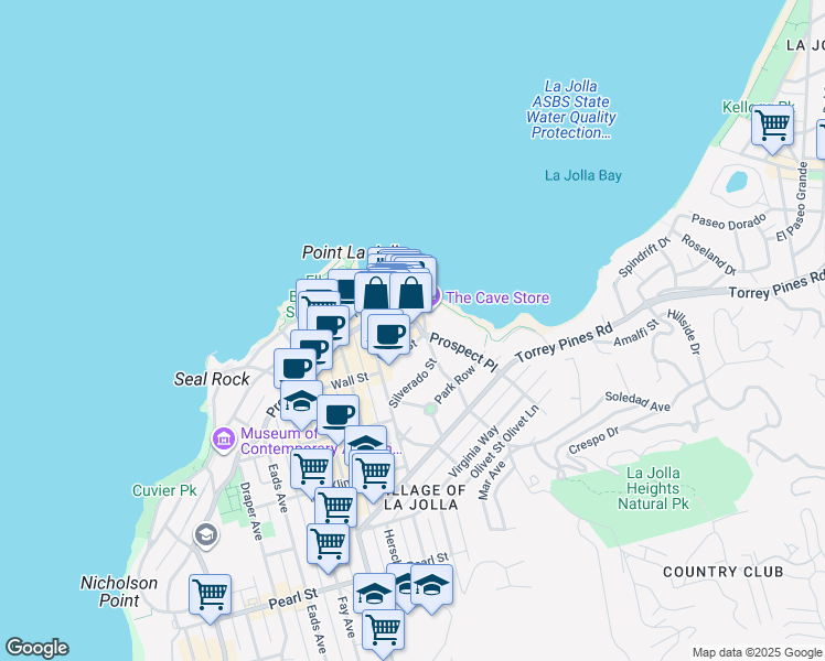 map of restaurants, bars, coffee shops, grocery stores, and more near 1278 Prospect Street in San Diego