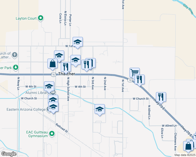 map of restaurants, bars, coffee shops, grocery stores, and more near 3225 W Main St in Thatcher