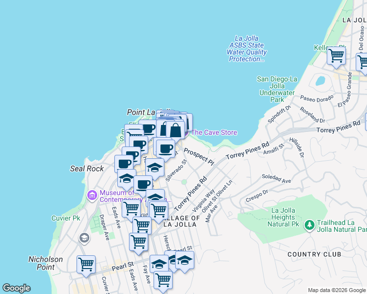 map of restaurants, bars, coffee shops, grocery stores, and more near 7985 Prospect Place in San Diego