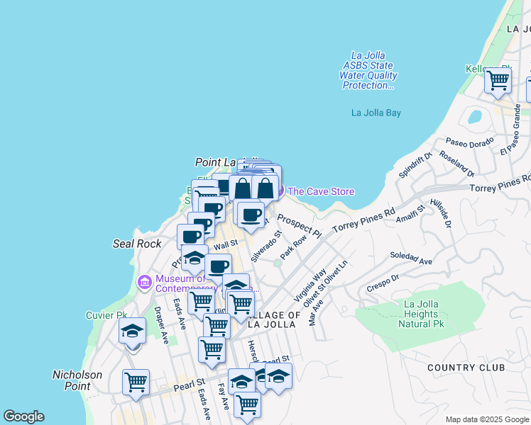map of restaurants, bars, coffee shops, grocery stores, and more near 1278 Prospect Street in San Diego