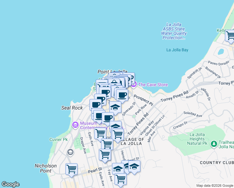 map of restaurants, bars, coffee shops, grocery stores, and more near 1131 Prospect Street in San Diego