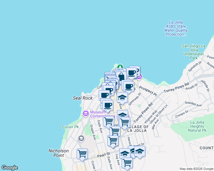 map of restaurants, bars, coffee shops, grocery stores, and more near in San Diego