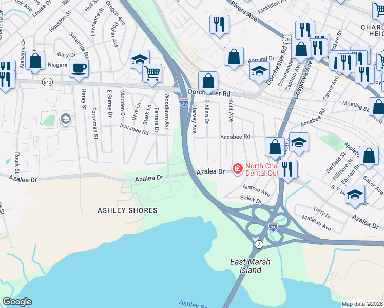 map of restaurants, bars, coffee shops, grocery stores, and more near 2660 Harvey Avenue in North Charleston
