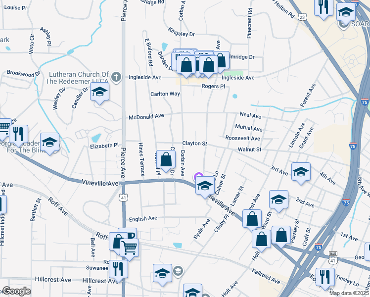 map of restaurants, bars, coffee shops, grocery stores, and more near 2340 Clayton Street in Macon
