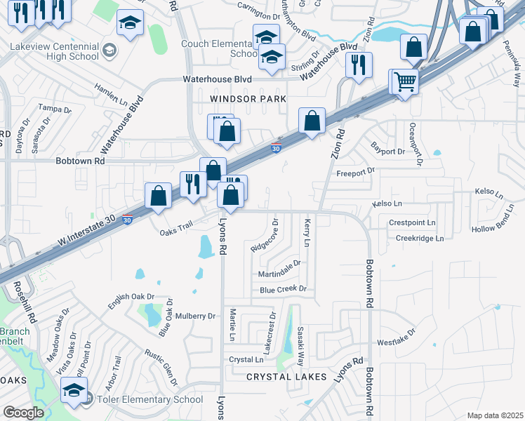 map of restaurants, bars, coffee shops, grocery stores, and more near 5501 Ridgecove Drive in Garland