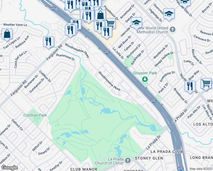 map of restaurants, bars, coffee shops, grocery stores, and more near 11011 Woodmeadow Parkway in Dallas