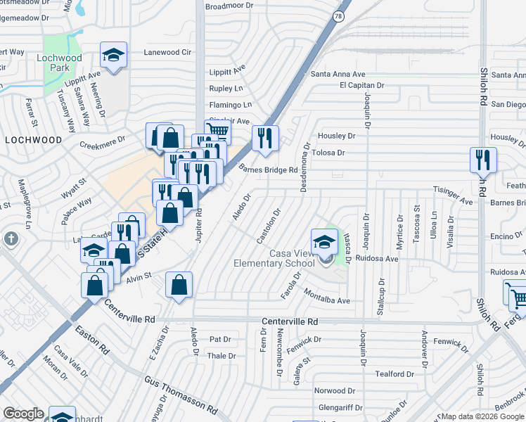 map of restaurants, bars, coffee shops, grocery stores, and more near 11212 Barbarosa Drive in Dallas