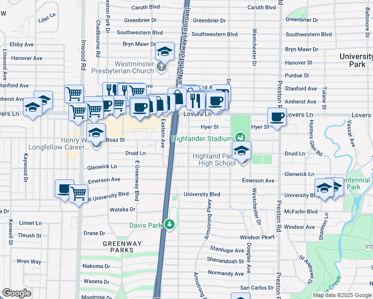 map of restaurants, bars, coffee shops, grocery stores, and more near 4526 Druid Lane in Dallas