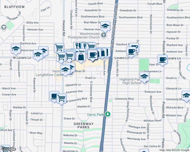 map of restaurants, bars, coffee shops, grocery stores, and more near 5515 Druid Lane in Dallas