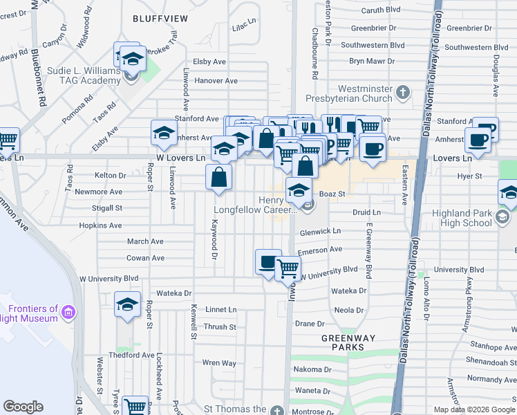 map of restaurants, bars, coffee shops, grocery stores, and more near 7602 Morton Street in Dallas