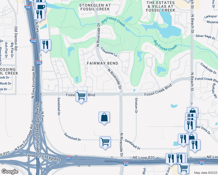 map of restaurants, bars, coffee shops, grocery stores, and more near 4111 Fossil Creek Boulevard in Fort Worth