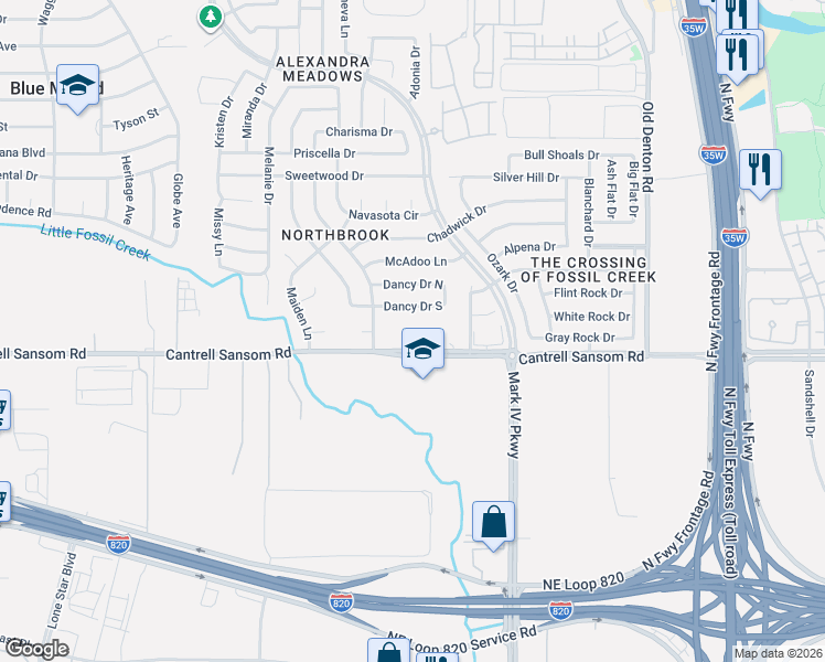 map of restaurants, bars, coffee shops, grocery stores, and more near 2605 Cantrell Sansom Road in Fort Worth
