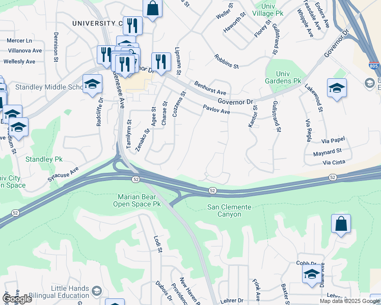 map of restaurants, bars, coffee shops, grocery stores, and more near 5901 Dirac Street in San Diego