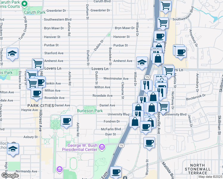map of restaurants, bars, coffee shops, grocery stores, and more near 2837 Milton Avenue in Dallas