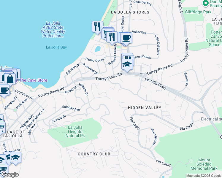 map of restaurants, bars, coffee shops, grocery stores, and more near 7863 East Roseland Drive in San Diego