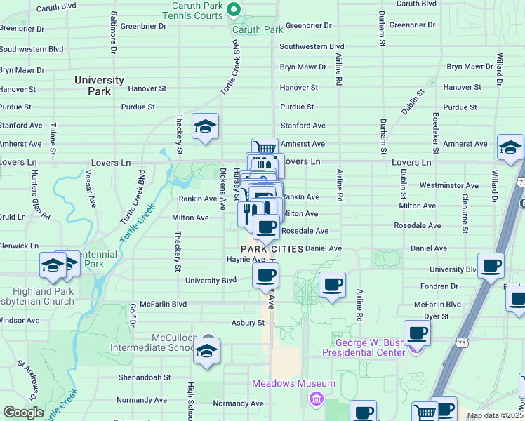 map of restaurants, bars, coffee shops, grocery stores, and more near 6800 Milton Avenue in Dallas