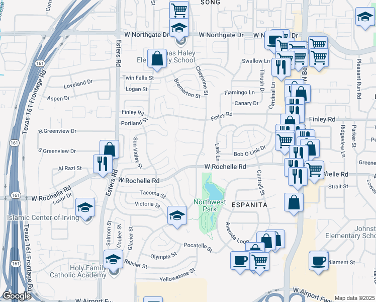 map of restaurants, bars, coffee shops, grocery stores, and more near 3813 Grand Teton Court in Irving