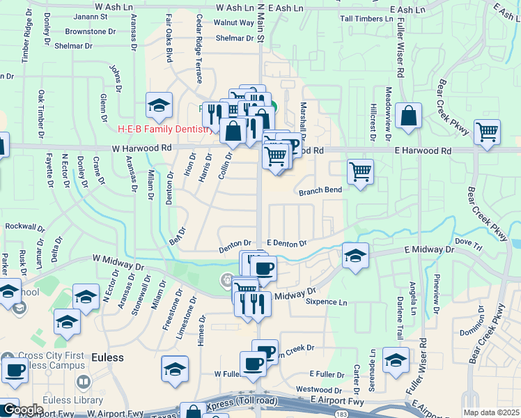map of restaurants, bars, coffee shops, grocery stores, and more near 904 North Main Street in Euless