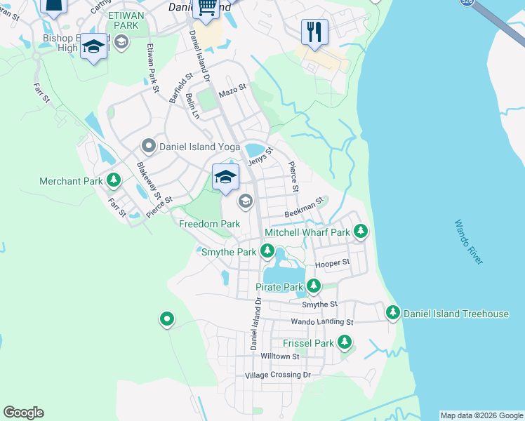 map of restaurants, bars, coffee shops, grocery stores, and more near 2372 Daniel Island Drive in Charleston