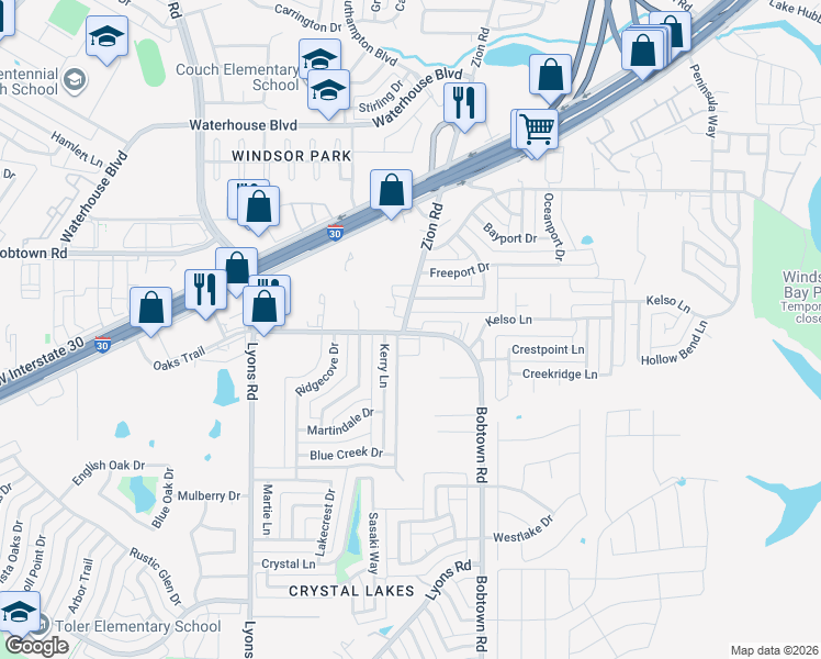 map of restaurants, bars, coffee shops, grocery stores, and more near 5421 Bobtown Road in Garland