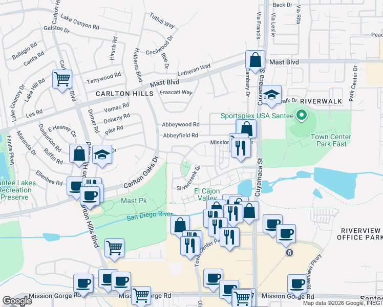 map of restaurants, bars, coffee shops, grocery stores, and more near 203 Clearcreek Place in Santee