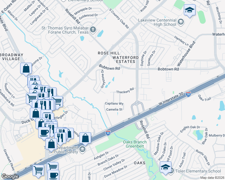 map of restaurants, bars, coffee shops, grocery stores, and more near 145 Thackery Road in Garland