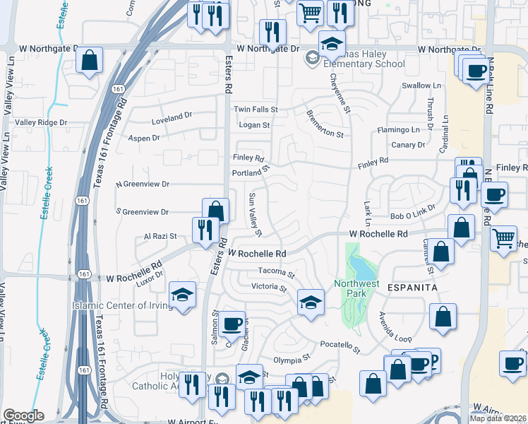 map of restaurants, bars, coffee shops, grocery stores, and more near 3020 Sun Valley Street in Irving