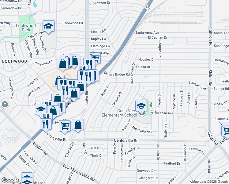 map of restaurants, bars, coffee shops, grocery stores, and more near 11212 Barbarosa Drive in Dallas