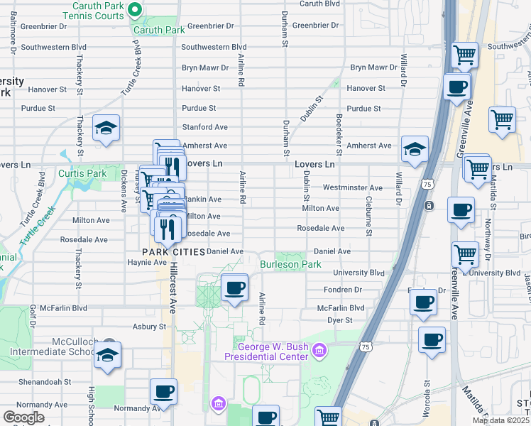 map of restaurants, bars, coffee shops, grocery stores, and more near 3113 Milton Avenue in Dallas