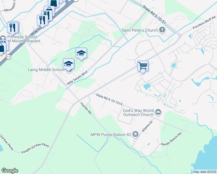 map of restaurants, bars, coffee shops, grocery stores, and more near 1422 Earthlee Lane in Mount Pleasant