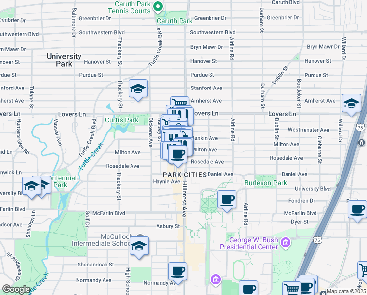 map of restaurants, bars, coffee shops, grocery stores, and more near 6800 Milton Avenue in Dallas