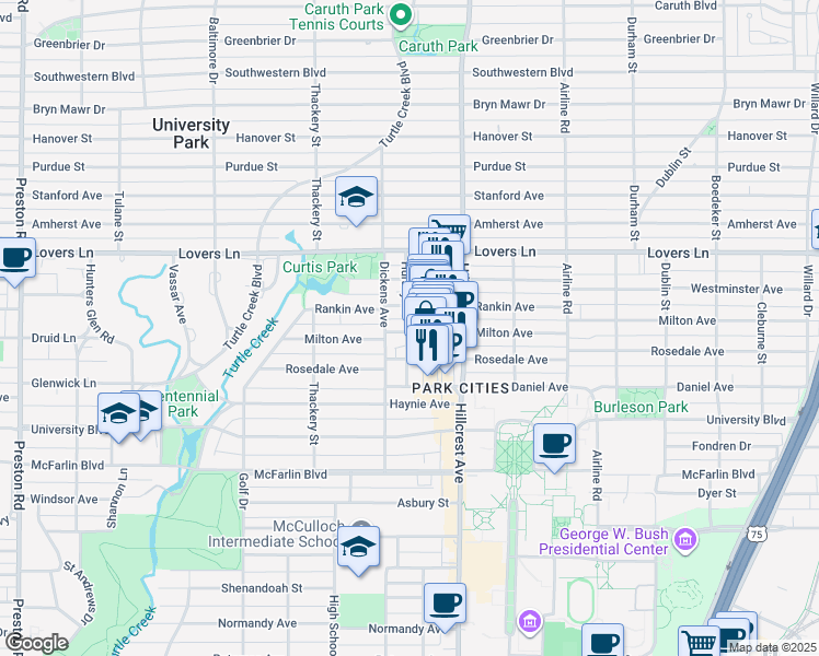 map of restaurants, bars, coffee shops, grocery stores, and more near 3428 Hursey Street in Dallas