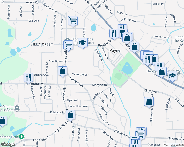 map of restaurants, bars, coffee shops, grocery stores, and more near 3529 McKenzie Drive in Macon