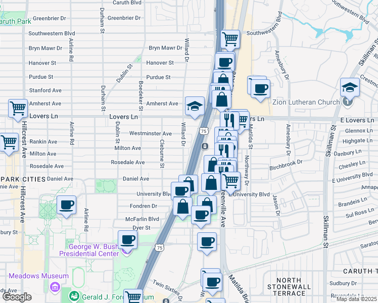 map of restaurants, bars, coffee shops, grocery stores, and more near 2621 Milton Avenue in Dallas