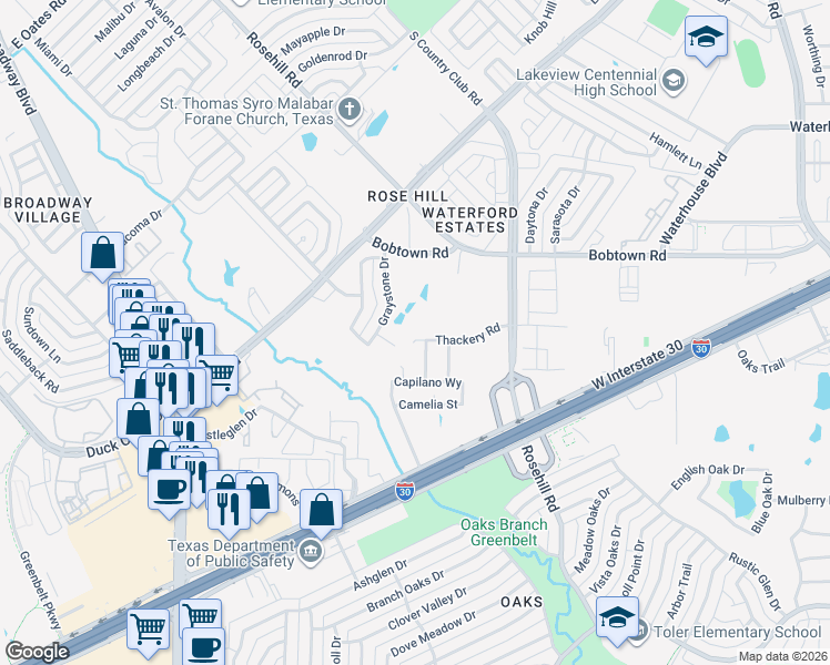 map of restaurants, bars, coffee shops, grocery stores, and more near 145 Thackery Road in Garland