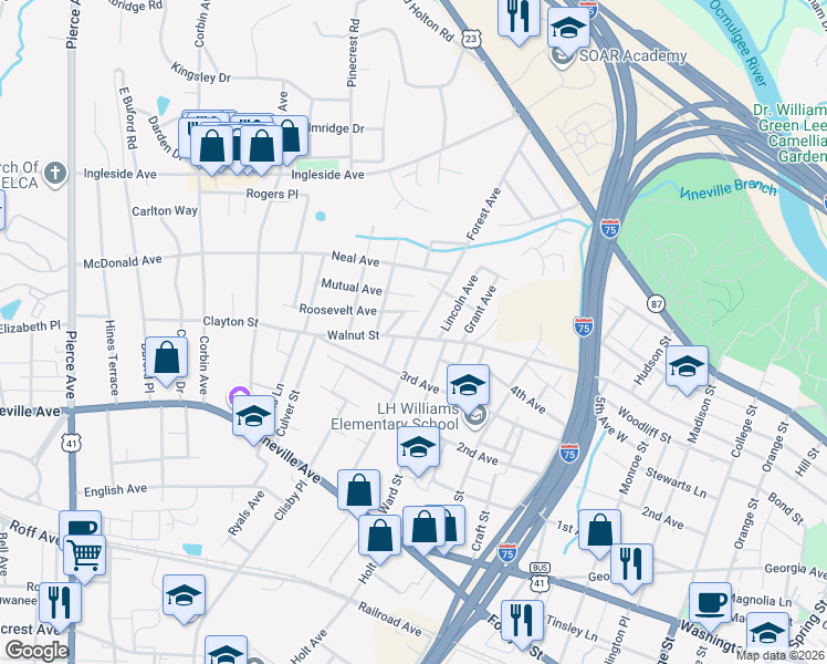 map of restaurants, bars, coffee shops, grocery stores, and more near 306 Forest Avenue in Macon
