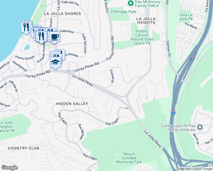 map of restaurants, bars, coffee shops, grocery stores, and more near 7714 Esterel Drive in San Diego