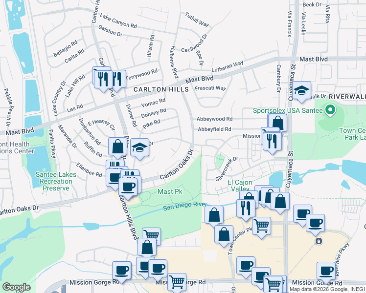 map of restaurants, bars, coffee shops, grocery stores, and more near 9468 Carlton Oaks Drive in Santee