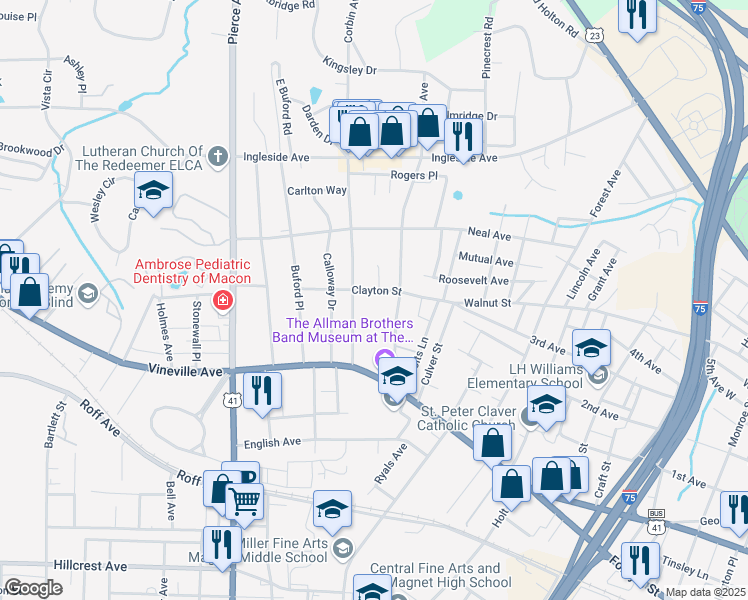 map of restaurants, bars, coffee shops, grocery stores, and more near 2340 Clayton St in Macon