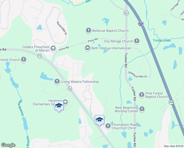 map of restaurants, bars, coffee shops, grocery stores, and more near 256 York Lane in Macon